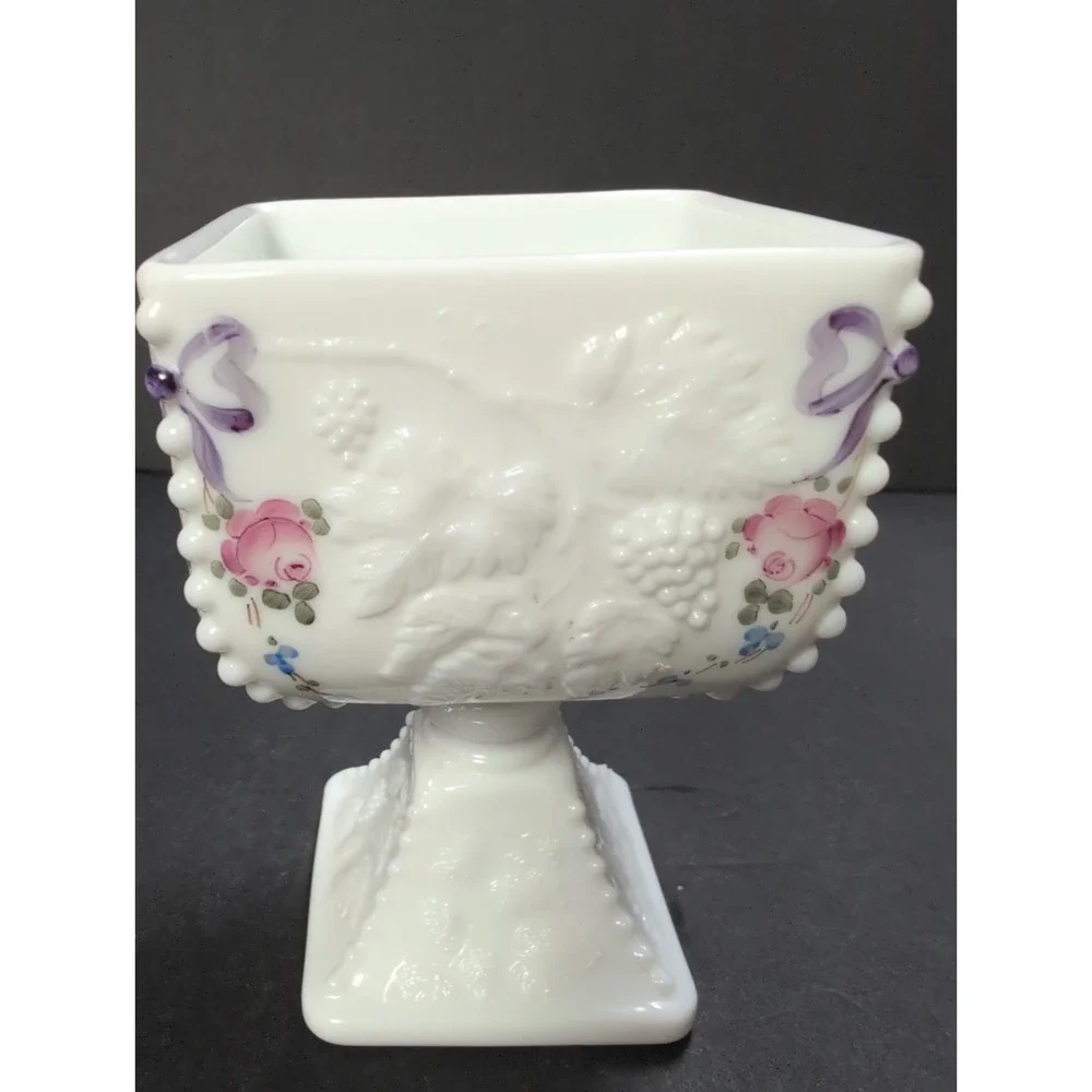 Vintage Westmoreland Milk Glass Brides Bowl Pink Roses - Purple RibbonBeautiful